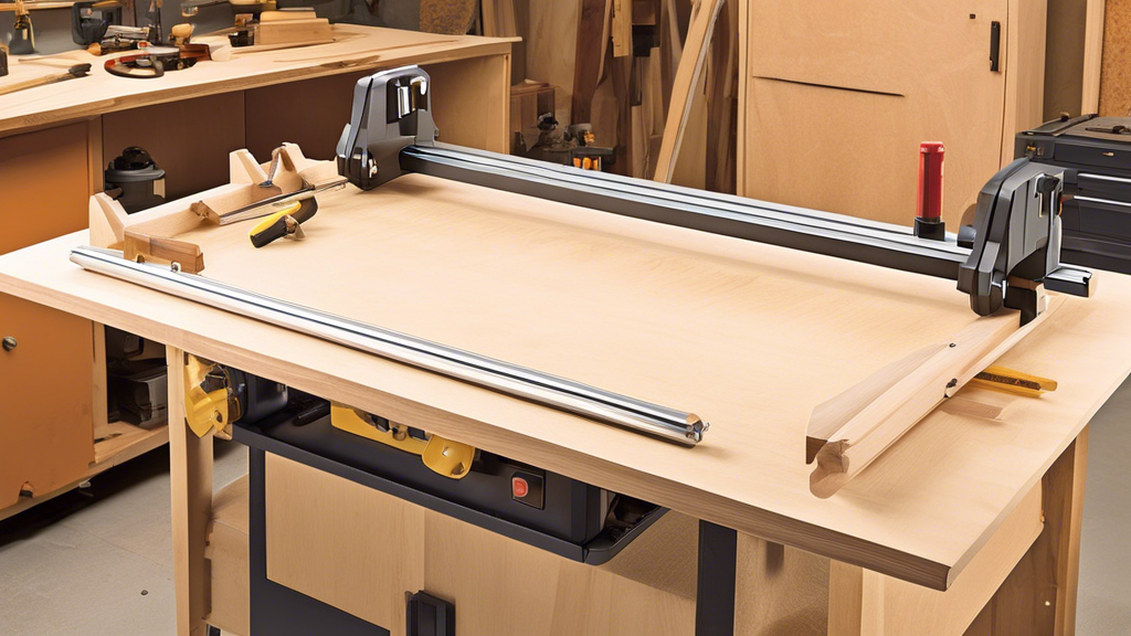 Create an illustration of a simple router sled designed specifically for use with a lathe. The sled should be made of wood and metal components, showcasing its functional yet straightforward design. T