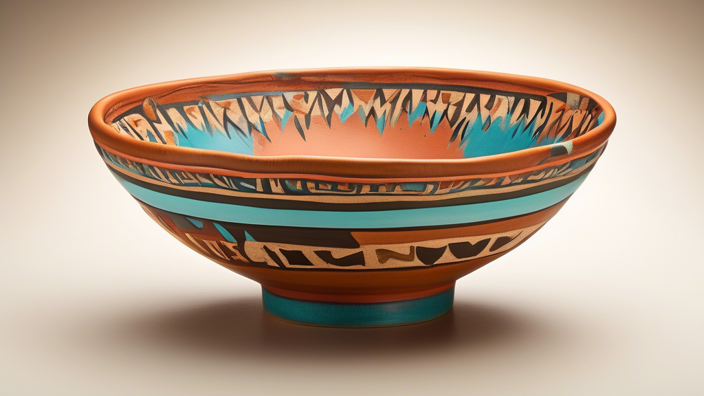 Create an image of a vibrant, artisanal Southwestern-style ceramic bowl, intricately designed with patterns and colors reminiscent of the American Southwest. The bowl should feature turquoise, terraco