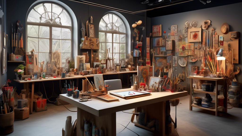 Create an image that visually encapsulates the theme The Fusion of Artistry, Technology, and Craftsmanship. The scene features an artist's studio where traditional tools like paintbrushes and canvases