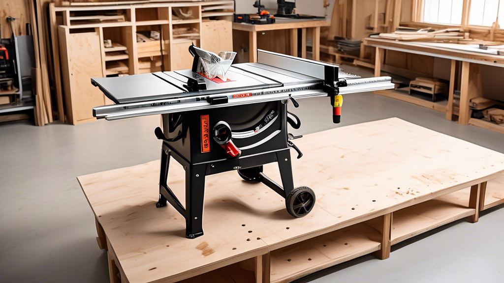 Create an image of a woodworking workshop showcasing a state-of-the-art table saw. Highlight the innovative JessEm Clear-Cut Flexible Stock Guides attached to the saw. The guides should appear sleek,