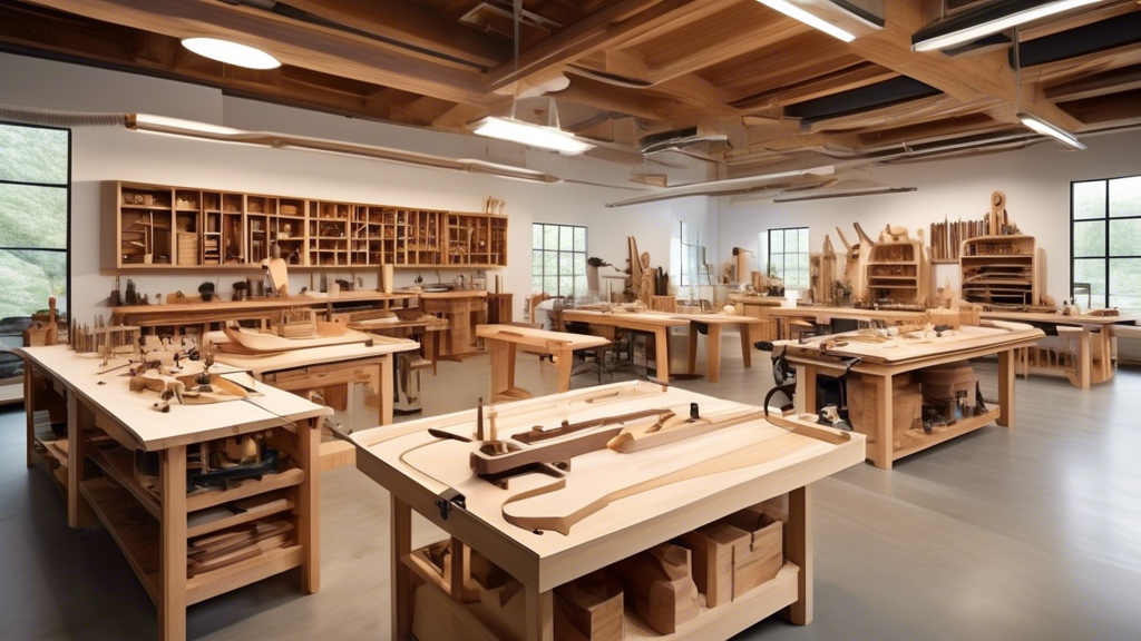 Create an image of a modern woodworking studio where artisans are experimenting with innovative tools and techniques. Include diverse craftspeople using a blend of traditional hand tools and cutting-e