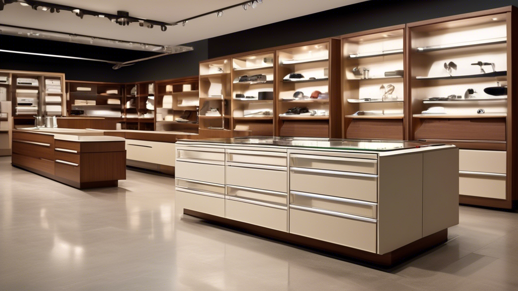 Create an image of an elegant, modern showroom display that showcases a variety of high-end mechanical drawer slides. The scene should capture the seamless and smooth operation of these slides, demons