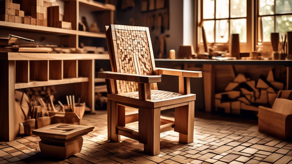 Create an intricate, detailed illustration of a skilled artisan in a cozy woodworking studio, carefully crafting a unique chair using woven wooden tiles. The chair should have a modern design with a r