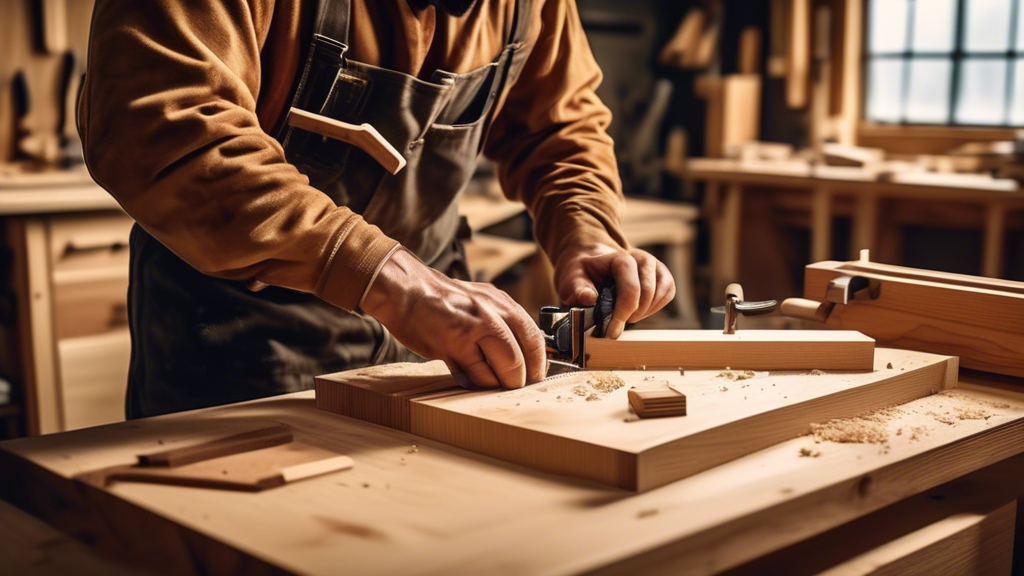 Create an image of a woodworking workshop featuring a detailed close-up of a carpenter skillfully using a sled and spacer on a table saw to craft impeccably mitered box joints. The scene should show b