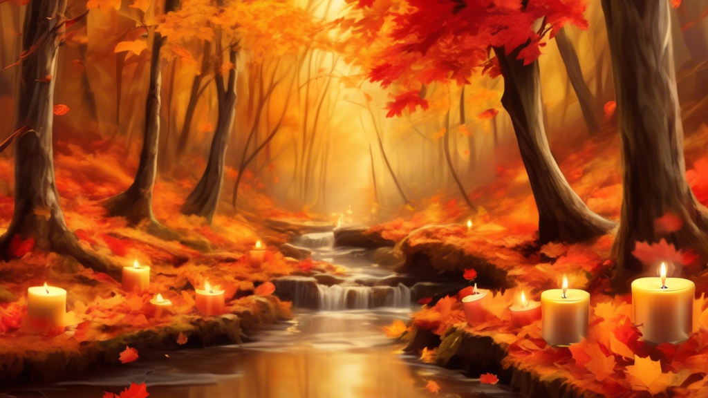 Create an image of an autumn forest landscape with vibrant fall colors like deep oranges, reds, and yellows. Include a clear, winding path covered in falle