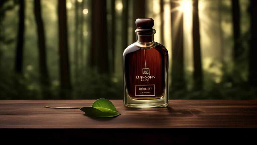 Create an image of an elegant, vintage-style glass bottle of cologne labeled Mahogany Woods sitting on a dark wooden table. The background should be a lush