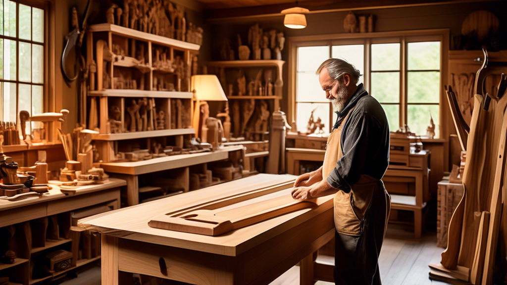 A cozy and inviting artisan woodworking studio filled with detailed wooden furniture pieces, intricate carvings, and polished surfaces. The studio is bustl