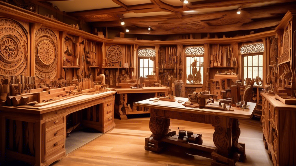 Create an image of a serene woodworking studio filled with sunlight, showcasing a master artisan meticulously carving intricate patterns into a beautiful p