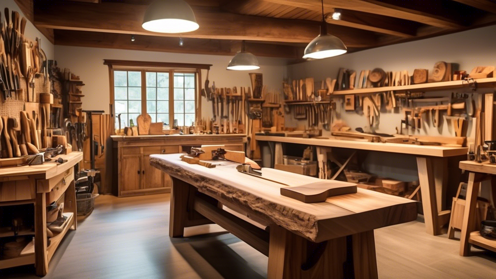 Create an image of a cozy, rustic woodworking shop filled with natural light, where a skilled artisan is carefully crafting a piece of furniture. The works