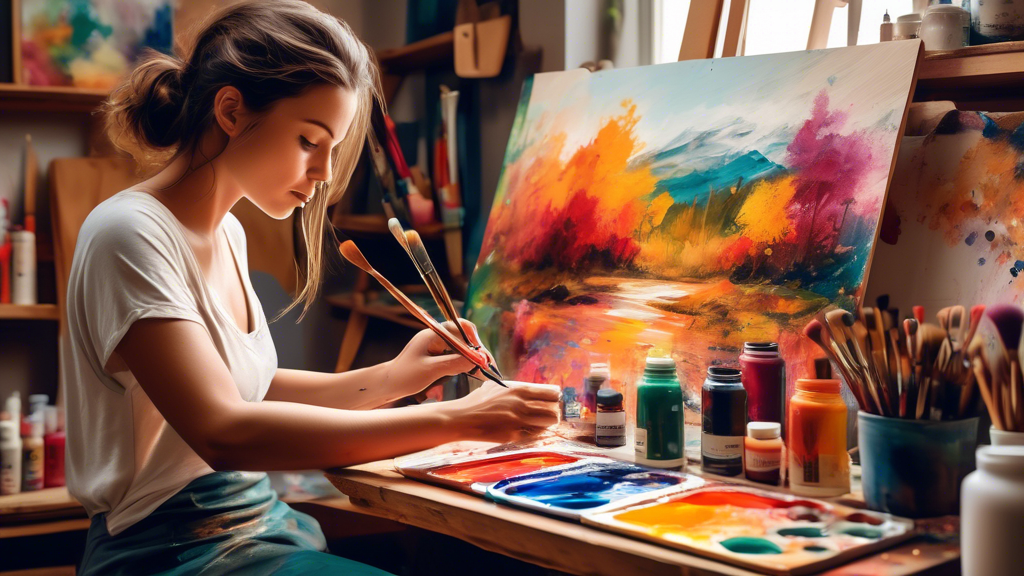 Create an artistic scene in a cozy, well-lit artist's studio. In the foreground, an artist is carefully applying vibrant acrylic paint to a textured wooden