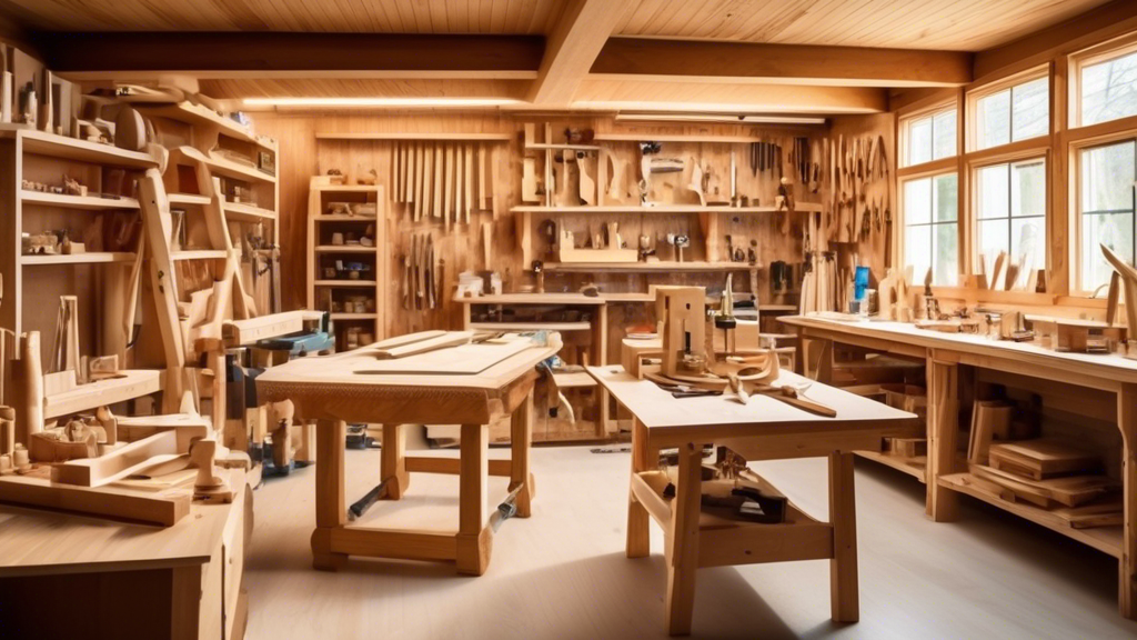 Create an image of a well-lit, organized woodworking workshop with a variety of wooden projects in progress. The focus should be on a carpenter meticulousl