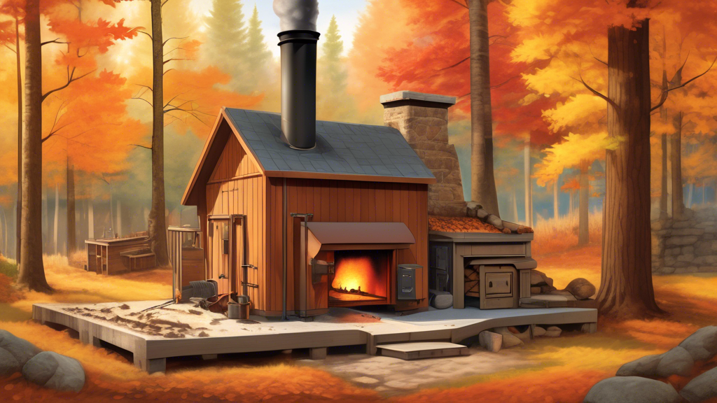 Create an image depicting a cutaway view of an outdoor wood furnace in a serene forest setting. Show the furnace with its firebox, heat exchanger, and wate