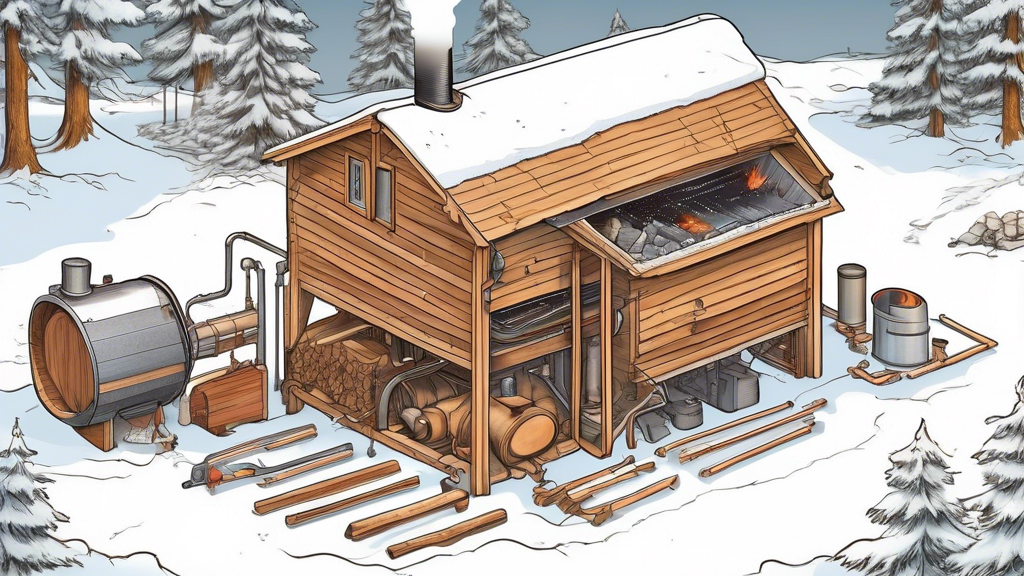 A detailed and educational illustration of an outdoor wood boiler system in operation. The image shows a large, rustic outdoor wood boiler stationed on a s