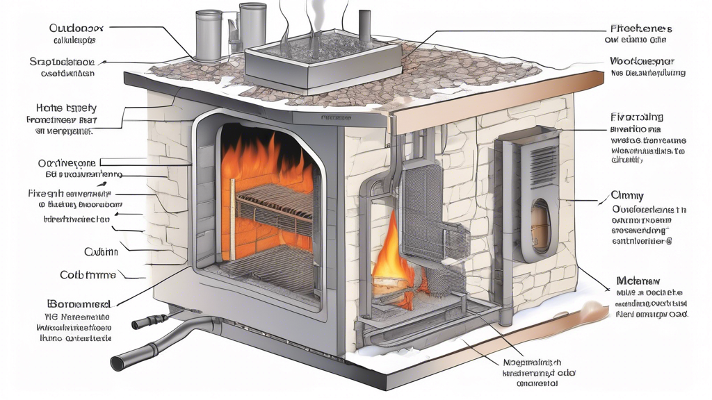 A detailed schematic illustration showing the inner workings of an outdoor wood-burning furnace. The diagram includes labeled sections such as the firebox,