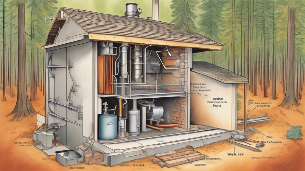 Illustrate a detailed cutaway diagram of an outdoor wood furnace, showcasing its main components like the combustion chamber, heat exchanger, water jacket,