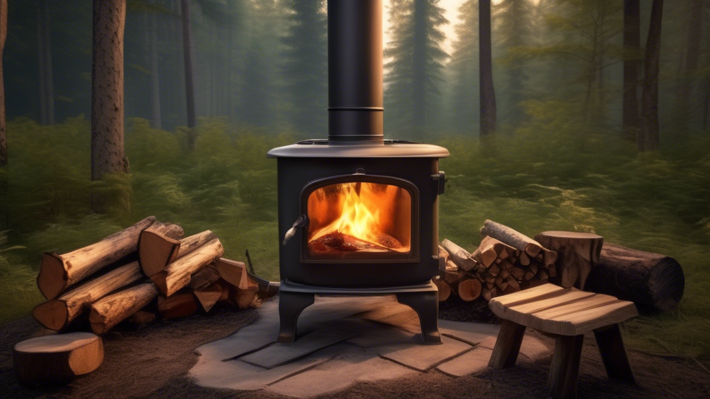 Create an image depicting a cozy outdoor wood stove in a forest setting. The stove should be actively burning logs, with flames visible through a small gla