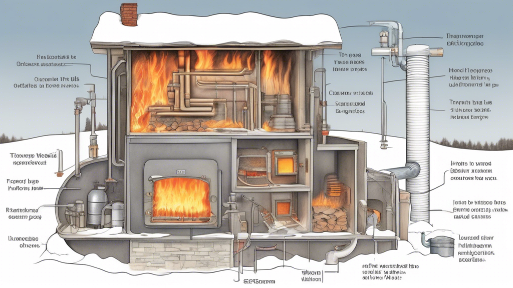 Create an detailed illustration of a cross-section of an outside wood furnace in operation, set in a serene winter landscape. Show the different components