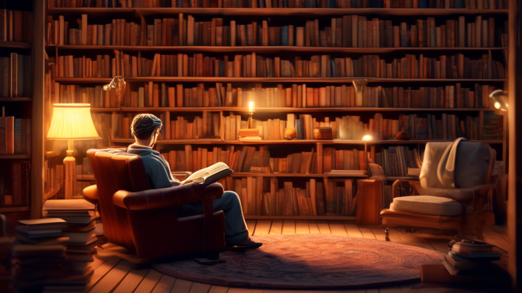 Create an image of a cozy library setting with shelves filled with classic novels that span various genres. In the foreground, a thoughtful figure sits in