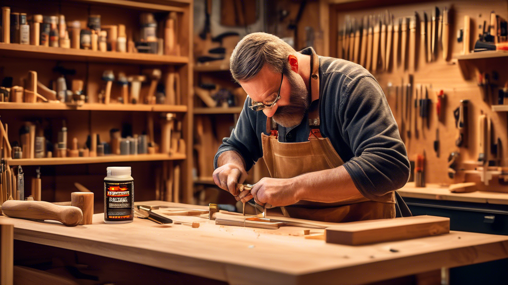 Create an image depicting a craftsman's workshop, where a skilled artisan is applying Gorilla Glue to two pieces of wood. Capture the moment where the craf