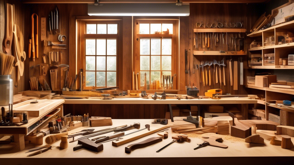 Create an image of a tidy workshop with various types of wood samples on a workbench. The scene includes natural lighting filtering through a window, casti