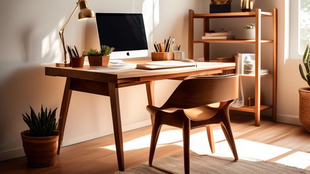 Create an image of a stylish and modern wood work desk set in a sunlight-filled home office. The desk should be made of rich, polished wood, featuring clea