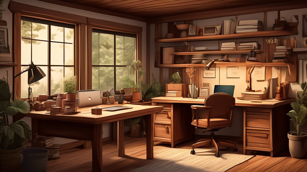 A beautifully detailed illustration of a cozy home office, featuring an array of wooden work desks. Each desk is crafted from different types of wood, such