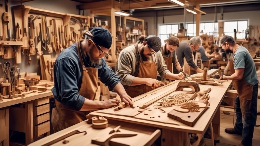 Create an image that shows a diverse group of people working in a bustling woodworking workshop. Some are meticulously carving intricate designs into piece