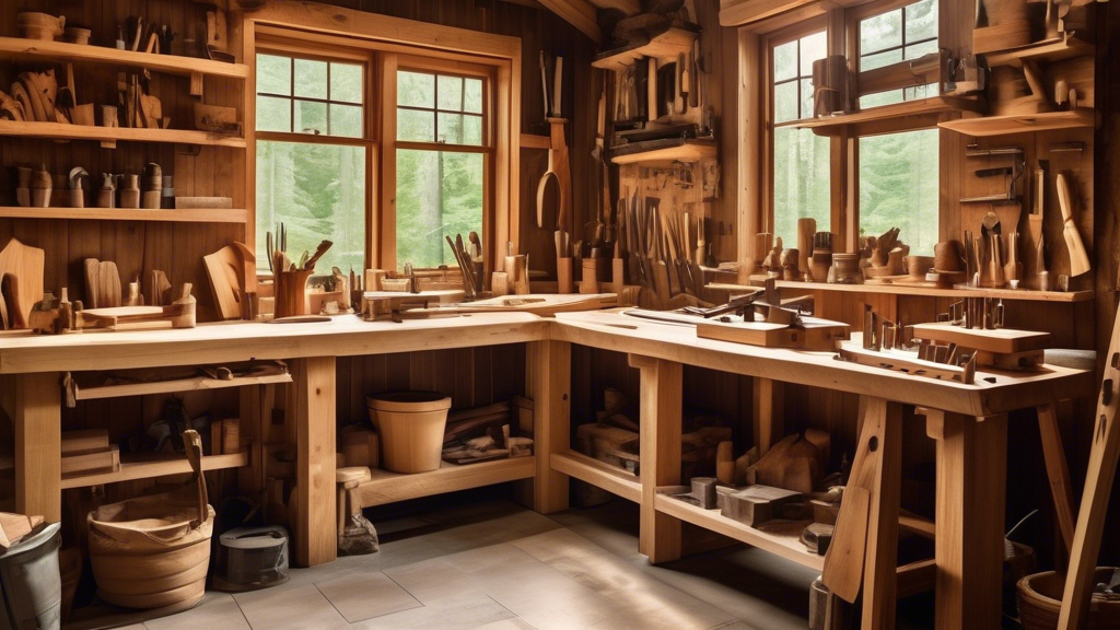 Create an image showcasing a picturesque, rustic wood workshop nestled in a serene forest setting. The workshop, made of wood and stone, is filled with nat