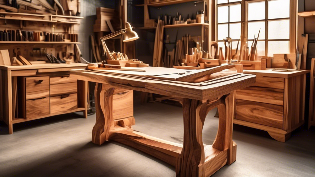 Create an image of a beautifully handcrafted woodworking desk set in a well-lit workshop. The desk should feature a combination of classic and modern desig