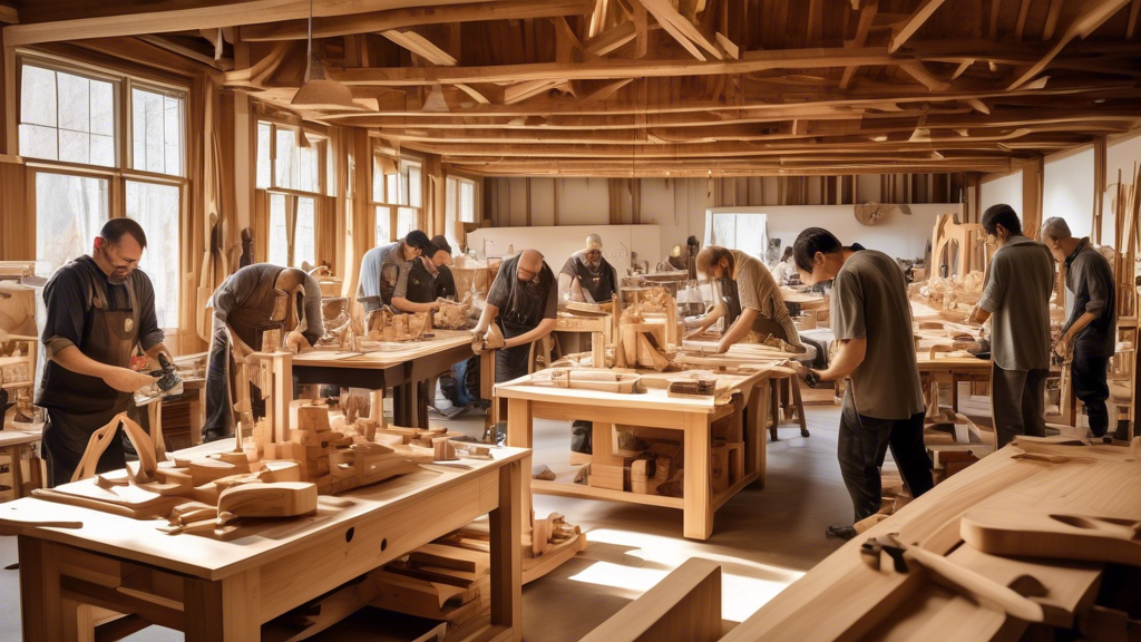 A bustling workshop filled with skilled artisans engaged in various woodworking tasks, surrounded by a rich variety of timber and state-of-the-art tools. S