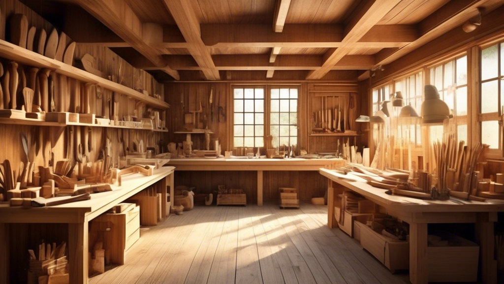 Create an image of a cozy, inspiring woodwork shop filled with natural light streaming through large windows. The scene should feature a skilled artisan in