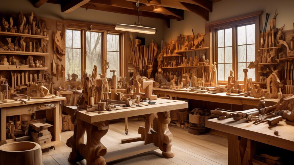 Create an image of an artist's workshop filled with a variety of wooden sculptures and carvings. The room is bathed in warm, natural light that streams thr