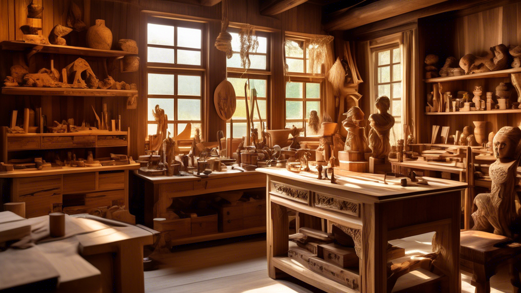 A cozy artisan workshop filled with the rich textures and warm tones of various types of wood. Sunlight filters through an antique window, casting intricat