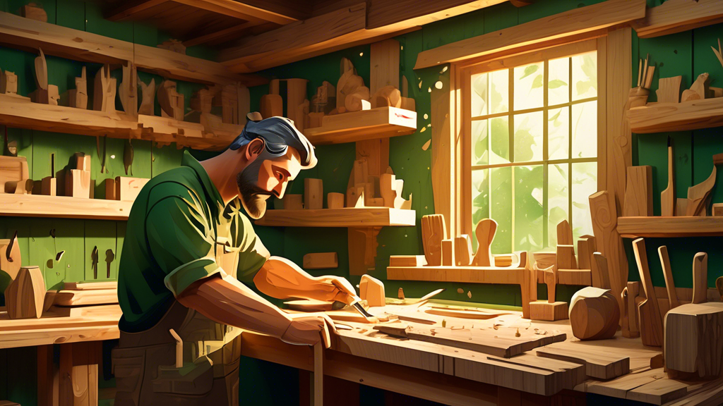 Create an illustration of a craftsman in a rustic workshop surrounded by various pieces of green wood. The craftsman is skillfully carving a wooden object,