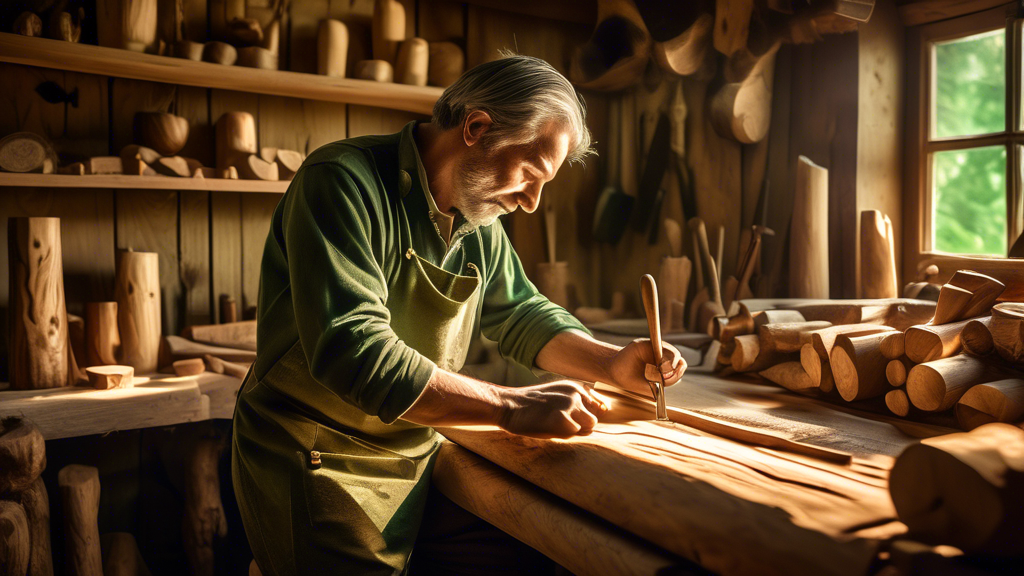 A detailed, serene image of a skilled artisan in a rustic workshop, surrounded by fresh-cut logs of green wood. The artisan is intricately shaping and carv