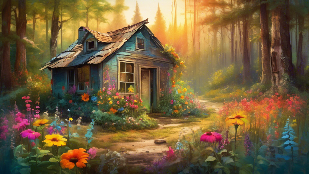 Create an image depicting a whimsical, surreal landscape where a small, dilapidated shack sits at the edge of a lush, thriving forest. The shack, though worn and weathered, is surrounded by vibrant, c