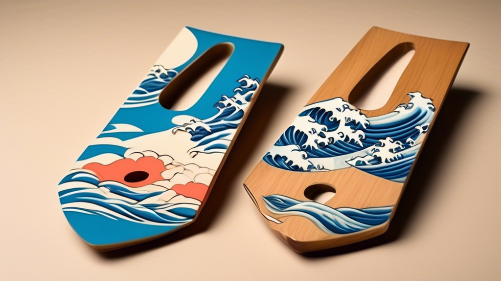 Create an image of an intricately designed surf handplane inspired by Asian art. The handplane should feature traditional Asian motifs such as koi fish, cherry blossoms, or waves reminiscent of Hokusa