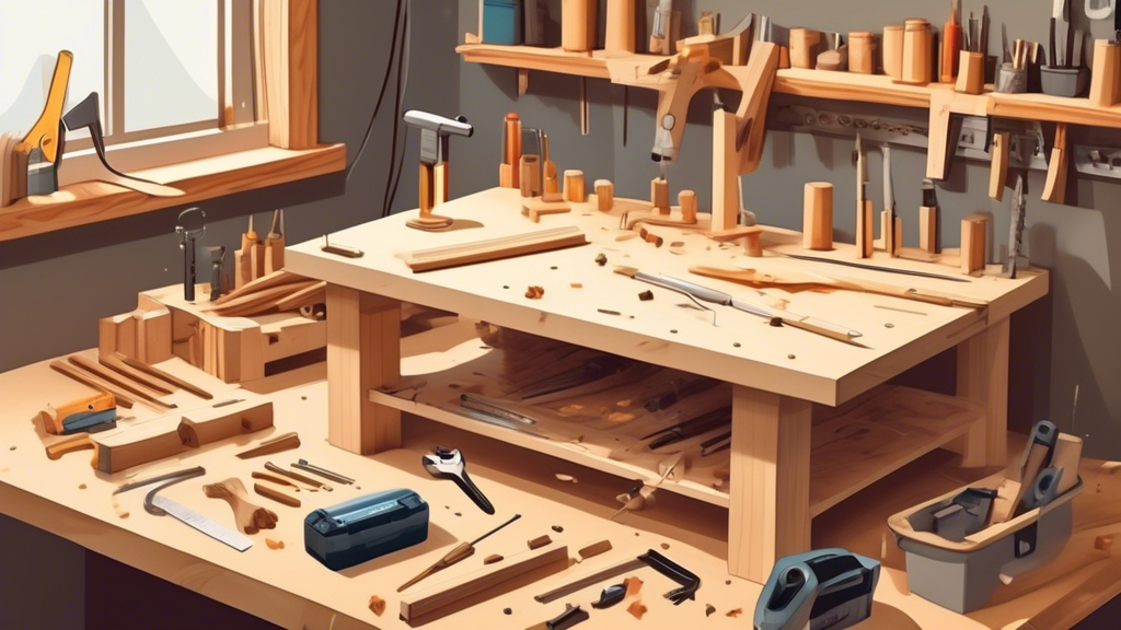 Create a detailed illustration showing a DIY workspace where a person is carefully using a drill guide to make precise dowels out of a wooden plank. Display a variety of tools scattered around, such a