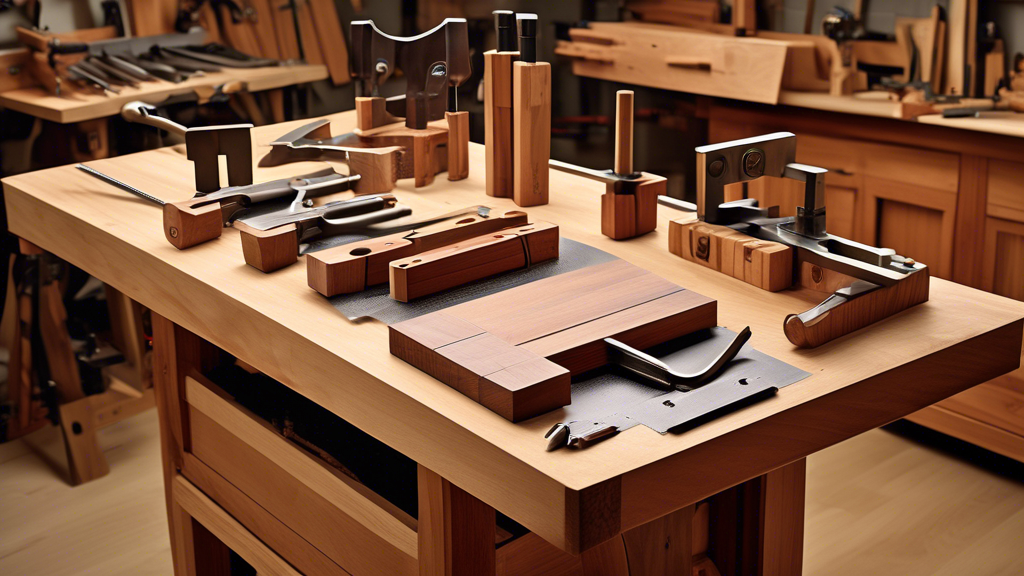 Create an image showcasing an assortment of Ironbark Adjustable Squares in a well-organized woodworking setting. The scene should depict a variety of these sturdy, precision-engineered tools with thei