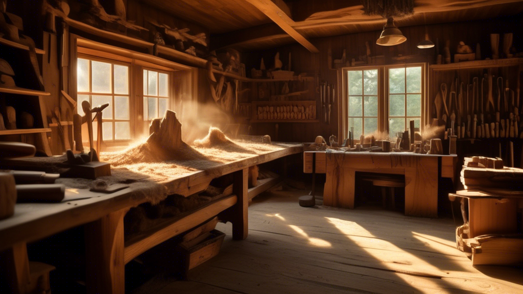 Create an image depicting a cinematic scene from the film Becoming Peter Follansbee. The scene should capture a moment in a rustic workshop filled with traditional woodworking tools and half-finished