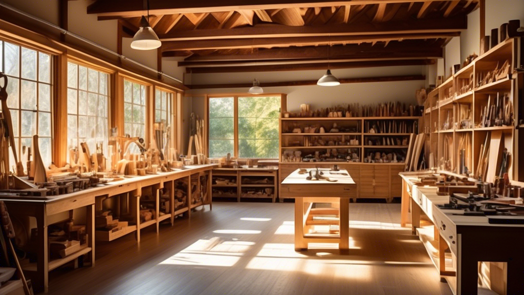 Create an image of a serene workshop filled with high-quality woodworking tools and materials. In the center, an experienced artisan is skillfully crafting a finely detailed piece of furniture. Sunlig