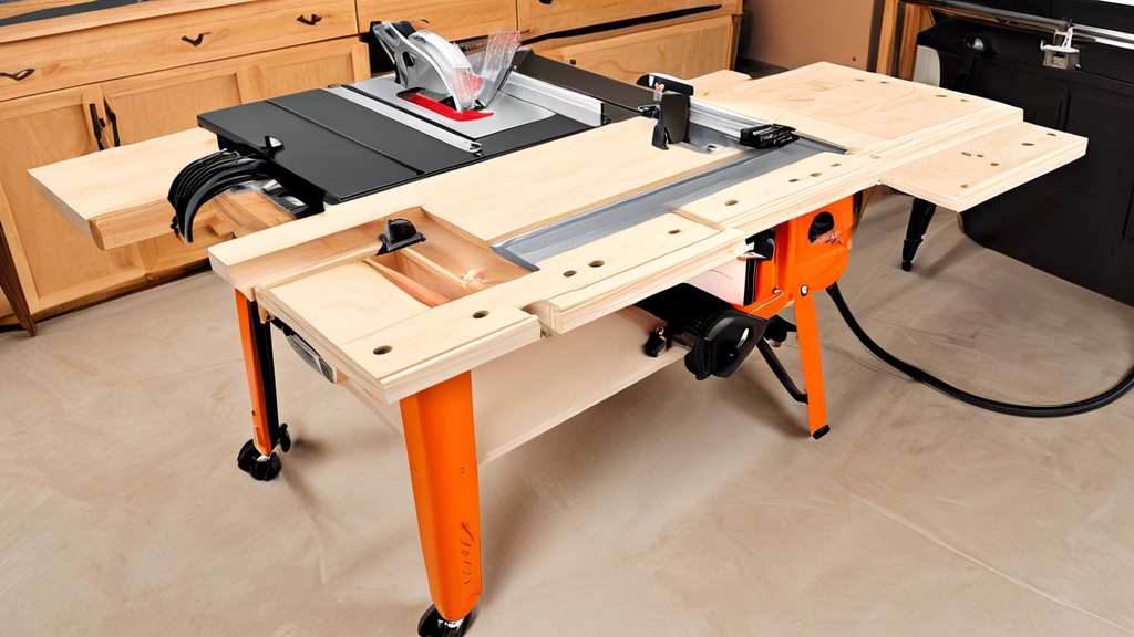 Create an image of a modern and compact portable table saw with a cleverly designed outfeed table. The outfeed table should seamlessly integrate spacious, organized storage compartments that can hold