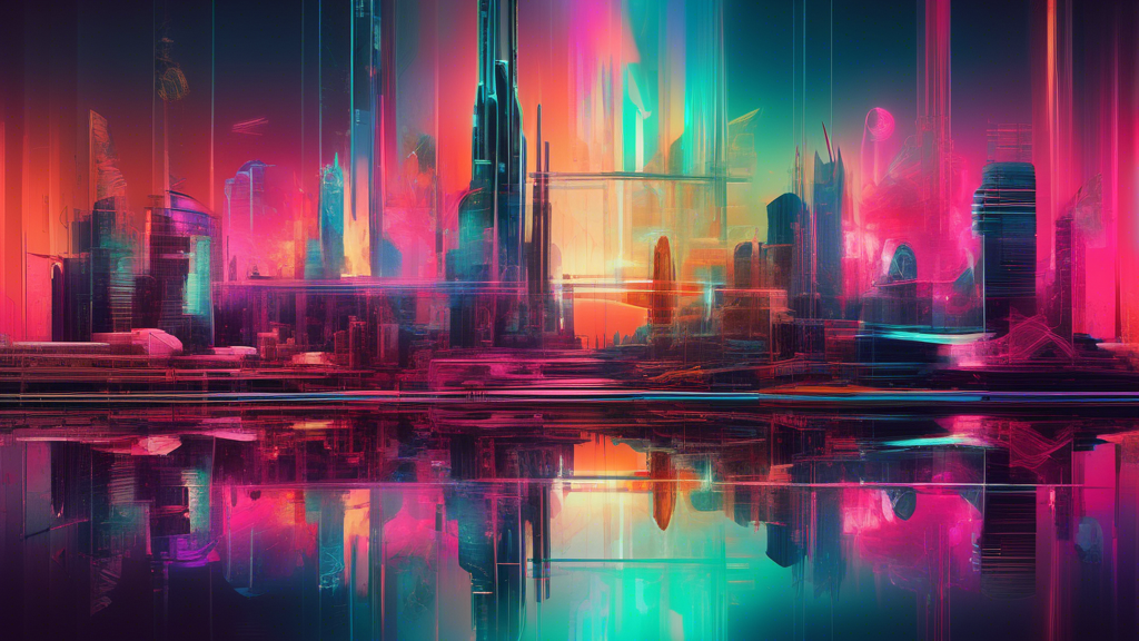 Create an abstract digital artwork titled STL328: Flawed Accuracy featuring a futuristic, surreal cityscape with architectural elements that appear slightly distorted or warped. The scene should conve