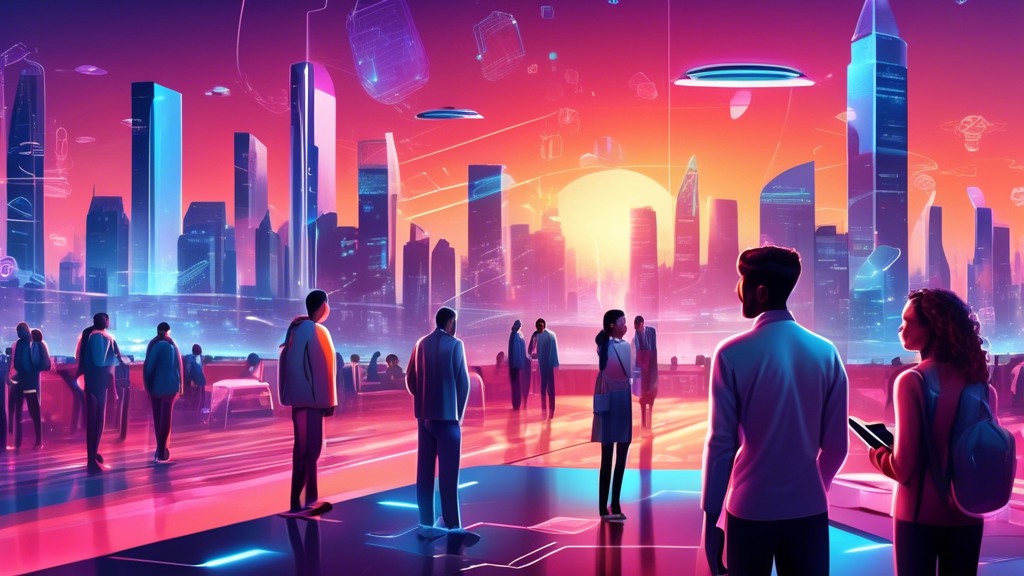 Create an illustration showcasing futuristic digital tools and gadgets expected to emerge by 2025. The scene should feature holographic displays, wearable tech, AI-powered devices, and sleek, minimali