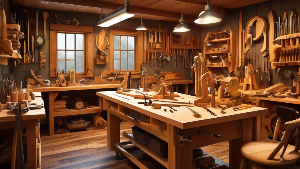 Create an image depicting a whimsical and imaginative woodshop where traditional machinist's instruments are being creatively utilized. Imagine a workbench covered with an array of tools: micrometers,