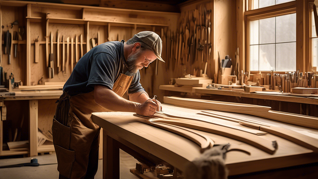 A detailed image of a skilled artisan at Allegheny Wood Works, meticulously crafting a bespoke wooden door in a rustic workshop setting. The scene is rich