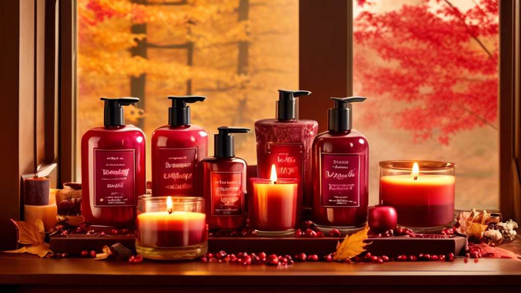 Create an image of a cozy, autumn-themed room filled with Bath and Body Works' Cranberry Woods collection. The scene includes a wooden shelf adorned with c