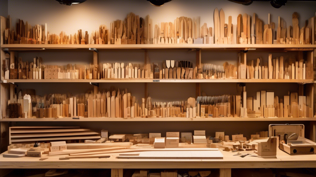 An organized workshop environment showcasing different types of wood samples on a large wooden workbench. Each type of wood is accompanied by detailed labe