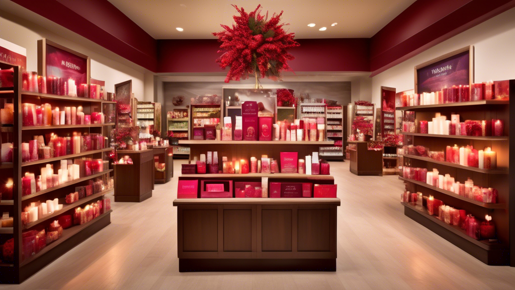 Create an image of a cozy, inviting Bath and Body Works store interior, with shelves elegantly stocked with a wide range of candles and body care products.