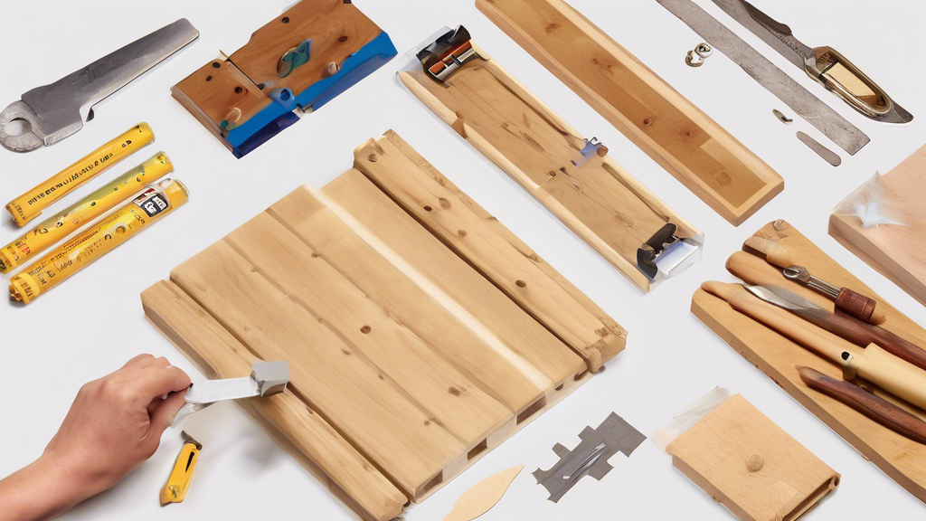 Create an image of a wooden workbench cluttered with various woodworking tools. In the center, there's a close-up shot of someone applying E6000 adhesive t